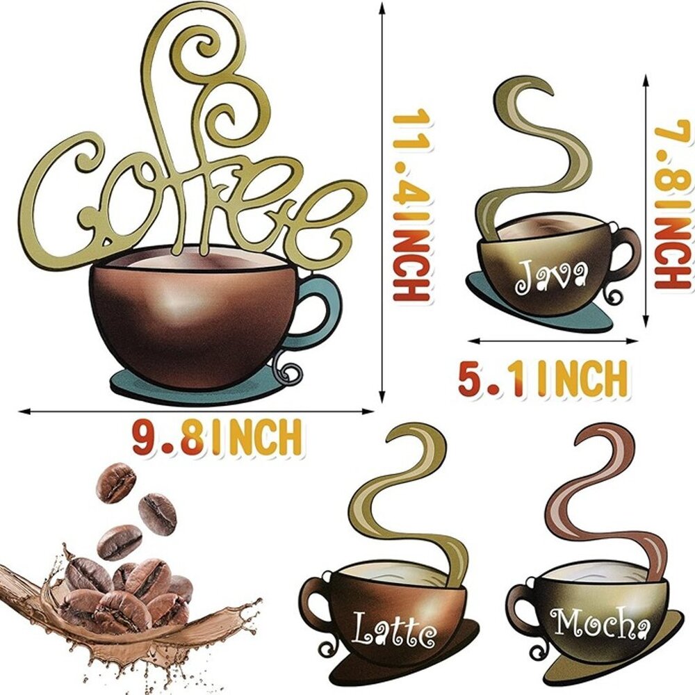 NEW 4 Pieces Metal Coffee Cup Wall Decor Coffee Bar Decor Coffee Decor Cafe - Picture 4 of 9